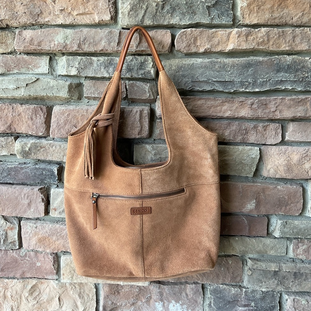 Brown Leather Suede Genicci Hobo Bag with Vintage Aesthetic
